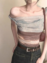 Pydshop Fashion Vintage Halo Dyeing Vest for Women Y2k E-Girl Mesh Irregular Camisole Tops 2024 Summer New Off Shoulder Tank Top