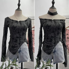 Pydshop Women's Retro Pink Butterfly Halter Distressed Distressed Long Sleeve T-Shirt Hot Girl Skew Collar One-Line Collar Slim Fit Top