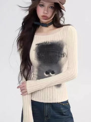 Pydshop Kawaii Graphic T Shirts Women Korean Style Cute Cat Print Crop Tops Kpop Casual Vertical Pit Stripe Long Sleeve Tees