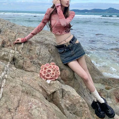 Pydshop American Pink Tie Dyed Rose Bottoming Tops Women Y2k E-Girl Mesh Long Sleeved T-shirts Summer Sexy Crop Top Slim Fit Tees