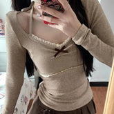 Pydshop American Retro Lace Halter T-shirt for Women Early Autumn New Bottoming Tops Mujer Y2k E-Girl Slim Fit Long Sleeve Tee Shirt