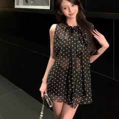 Pydshop Vintage Wave Point Blouse Y2k Sexy See Through Black Shirts New Sleeveless Loose Blusas Femininas Elegantes Lace Up Chiffon Top