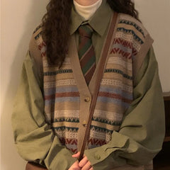 Pydshop Autumn Vintage Lazy V-neck Sweater Vest Korean Fashion Loose Knitted Cardigan Y2k E-Girl Slim Fit Sleeveless Tops Women