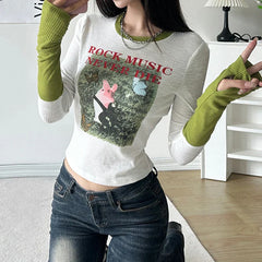 Pydshop 2024 Fashion Woman tops y2k style White Graphic Print Patched Skinny Cropped Top