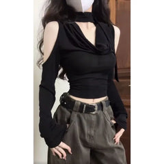 Pydshop Fashion V-neck Black Halter Tops Women 2024 Summer Nw Slim Waist Tee Shirt Y2k E-Girl Long Sleeve Off Shoulder T-shirts