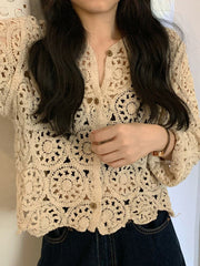 Hollow Out Lace Blouses Women Elegant Casual Long Sleeve Knitwear Tops Ladies Korean Fashion Sweet Vintage Hook Flowers Cardigan