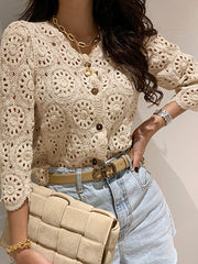 Hollow Out Lace Blouses Women Elegant Casual Long Sleeve Knitwear Tops Ladies Korean Fashion Sweet Vintage Hook Flowers Cardigan