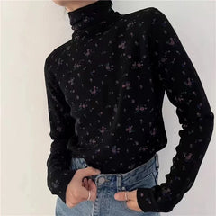 Pydshop Retro Floral Autumn Winter Basic Shirt Turtleneck T-shirt Long Sleeved Slim Top for Women Vintage Casual Tee Tops Elasticity