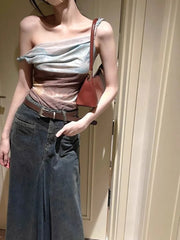 Pydshop Fashion Vintage Halo Dyeing Vest for Women Y2k E-Girl Mesh Irregular Camisole Tops 2024 Summer New Off Shoulder Tank Top
