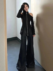 Pydshop 2024 New Stand Collar Zipper Tops Women Off Shoulder Long Sleeve T-shirts Y2k E-Girl Slim Fit Halter Knitted Tee Shirt Sweater