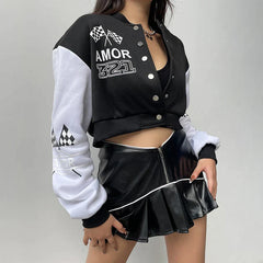 Pydshop 2024 Fashion Woman tops y2k style Black White Print Baseball Buttons Jacket