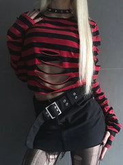 Pydshop Women Goth Punk Long Sleeve Crewneck Striped T Shirt Y2k Grunge Cutout Crop Tops Halloween Christmas Pullover Top