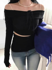 Pydshop Korean Fashion Slim Waist Hollow Out T-shirts Sexy Off Shoulder Halter Tops Women Y2k E-Girl Long Sleeve Pink Tee Shirt