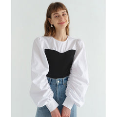 Pydshop Women's Clothes Shirt White Shirt Splicing Fashion Vintage Female Puff Sleeve Chic Baggy Casual Pullover Blouse Tops Fall 2023 Outfits