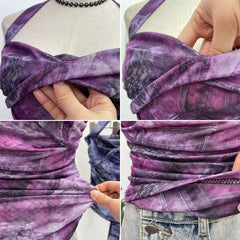 Pydshop Tie Dye Denim Print Pleated Mesh Camisole Women's Halter Tie Bow Halter Crop Top Cute Party Sweats Holiday Mini Vest Summer Tee