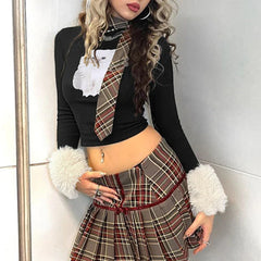 Pydshop 2024 Fashion Woman tops y2k style Vintage Cat Print Faux Fur Trim Long Sleeve Top