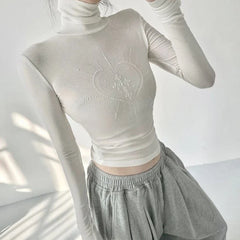 Pydshop All-match Print Diamond Slim Fit T-shirts Summer New Turtleneck Bottoming Tops Women Y2k Grunge Long Sleeve White Tee Shirt