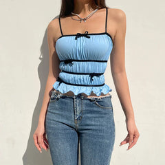 Pydshop 2024 Fashion Woman tops y2k style Sweet Stripe Bow Ruffles Crop Top