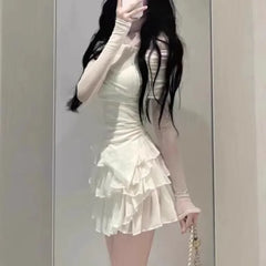 Pydshop Sweet Sexy Slash Neck Sun Protection Mesh Tops Women+ Y2k E-Girl High Waist Ruched Cake Skirts Summer New Two Piece Sets
