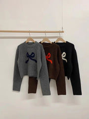 Pydshop 2024 Spring New Bow O-neck Knitted Tops Women Fashion Vintage Loose Pullover Mujer Y2k Grunge Long Sleeve Black Sweaters