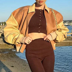 Pydshop 2024 Fashion Woman tops y2k style Vintage Zip Up PU Leather Patchwork Jacket