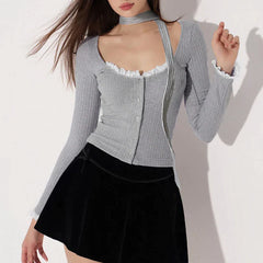 Pydshop 2024 Fashion Woman tops y2k style Sweet Knit Ribbed Buttons Up Top