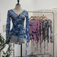 Pydshop Women's Sfumato Printed Mesh Thin Hot Girl Long Sleeve T-Shirt Irregular Ruffled Crop Top V Neck Summer Party Long Sleeve Shirt