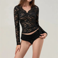 Pydshop Women Y2k Lace Long Sleeve Crop Top Sexy V Neck Floral Sheer Mesh Top Cute See Through Blouse Night Clubwear