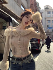 Pydshop Fluffy Patchwork Halter Slash Neck T-shirts Autumn Winter New Knitted Tops Women Y2k E-Girl Slim Fit Long Sleeve Tee Shirt