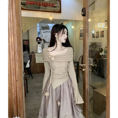 Pydshop Fashion Irregular Long Sleeve Slim Fit Tops Women+ Y2k E-Girl High Waist Ruched A-line Skirts 2024 Autumn Two Piece Sets