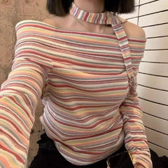 Pydshop American Retro Stripes Scarf Tops Mujer Y2k Sexy Off Shoulder T-shirt for Women 2024 Early Autumn New All-match Tee Shirt