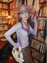 Pydshop 2024 Early Autumn New Bottoming Tops Mujer Purple Printed Lace Patchwork T-shirt for Women Y2k Slim Fit Long Sleeve Tee Shirt