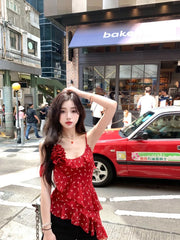 Pydshop Vintage Irregular Floral Camisole Tops 2024 Summer New Slim Fit Ruffles Tank Top Fashion Sexy Off Shoulder Vest for Women