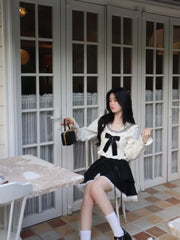 Pydshop Kawaii Sailor Collar Bow Fungus Long Sleeve Tops Women+ Y2k E-Girl High Waist Lace Black Skirts Summer Sweet Two Piece Sets