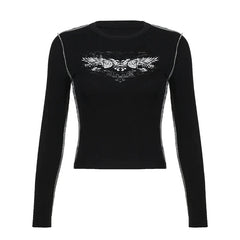 Pydshop 2024 Fashion Woman tops y2k style Vintage Black Printed Long Sleeves Top