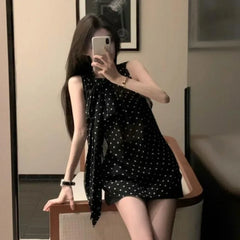 Pydshop Vintage Wave Point Blouse Y2k Sexy See Through Black Shirts New Sleeveless Loose Blusas Femininas Elegantes Lace Up Chiffon Top