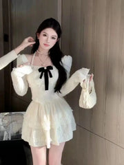 Pydshop Korean Sweet Lace Square Collar Bow Puff Sleeve Tops Women+ Y2k E-Girl Slim Waist A-line Skirts Spring New Two Piece Sets