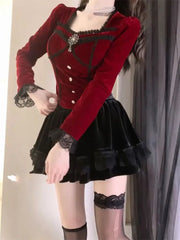 Pydshop Sweet Red Velvet Long Sleeved Slim Fit Tops Women+ High Waist Lace Patchwork Ruched Skirts Autumn Winter New Two Piece Sets
