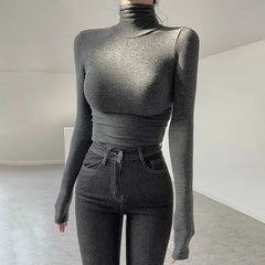 Pydshop 2024 Fashion Woman tops y2k style Casual Tight Turtleneck Long Sleeve Top