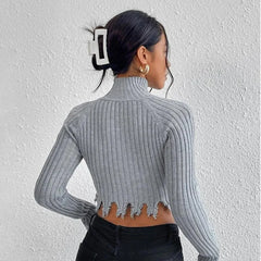 Pydshop Knitted Sweater Women High Collar Long Sleeve Worn Sexy Hollow Out Pullover Spring High Street Navel Y2K Sweaathers Tops