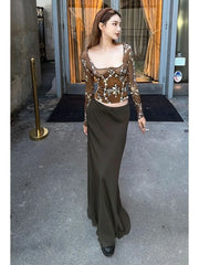 Pydshop 2024 Summer Sexy Square Collar T-shirts Fashion Vintage Flower Print Tops Women Y2k E-Girl Slim Fit Long Sleeve Tee Shirt