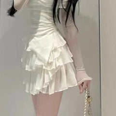 Pydshop Sweet Sexy Slash Neck Sun Protection Mesh Tops Women+ Y2k E-Girl High Waist Ruched Cake Skirts Summer New Two Piece Sets