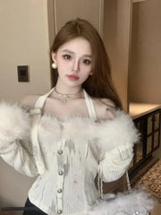 Pydshop Fluffy Patchwork Halter Slash Neck T-shirts Autumn Winter New Knitted Tops Women Y2k E-Girl Slim Fit Long Sleeve Tee Shirt