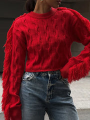 Pydshop Splice Tassel Short Knitted Top Female Solid Slim Fit Long Sleeves Fashion Pullover Sweater Women's Autumn Winter Casual