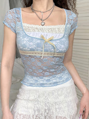 Y2k Vintage Bow T Shirt Women Summer Korean Fashion Preppy Style Crop Top Bodycon Bandage Lace Patched Tees Sexy Streetwear