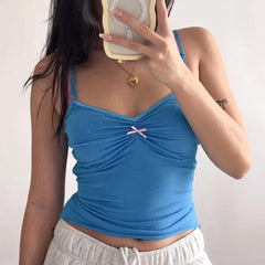 Pydshop Kawaii Cute Ruched Bow Slim Fit Cropped Tops Y2K Fairy Coquette 00s Vintage Camisole Retro Backless Tank Tops Women Clothes
