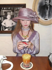 Pydshop 2024 Early Autumn New Bottoming Tops Mujer Purple Printed Lace Patchwork T-shirt for Women Y2k Slim Fit Long Sleeve Tee Shirt