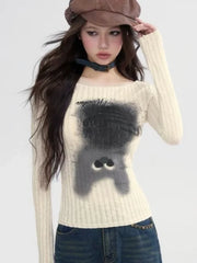 Pydshop Kawaii Graphic T Shirts Women Korean Style Cute Cat Print Crop Tops Kpop Casual Vertical Pit Stripe Long Sleeve Tees