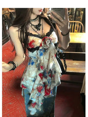 Pydshop New American Style Sexy Gyaru Halter Top Women Design Sweet Print Slim Camisole Summer High Street Coquette Asymmetrical Tees