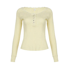 Pydshop 2024 Fashion Woman tops y2k style Yellow Bright Lace Trim Buttons Knit Top